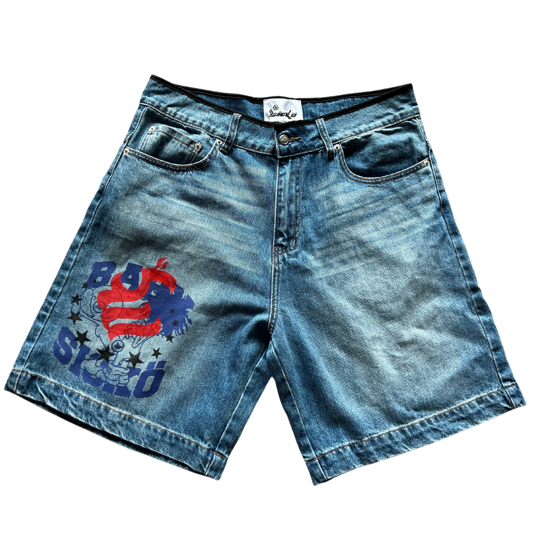 Double Blue Print Denim Baby Sicko 1 of 1 Shorts – Sickö